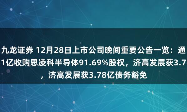 九龙证券 12月28日上市公司晚间重要公告一览：通业科技拟5.61亿收购思凌科半导体91.69%股权，济高发展获3.78亿债务豁免